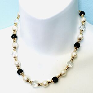 Vintage Clear Black Lucite Pearl Beaded Gold Tone Necklace Colkar Necklace 1013